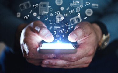 Obraz premium Businessman, hands and phone with money icons at night for stock market, trading or financial freedom at office. Closeup of man on mobile smartphone display in online banking app, investment or media
