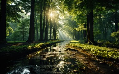 Lush green forest with sun rays and water stream