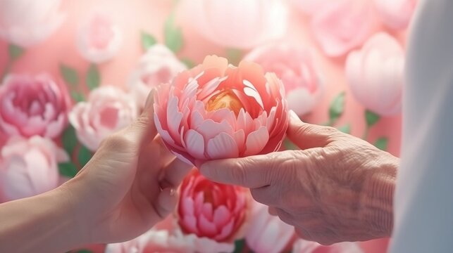 Grandmother gives a flower to her granddaughter. Generative AI