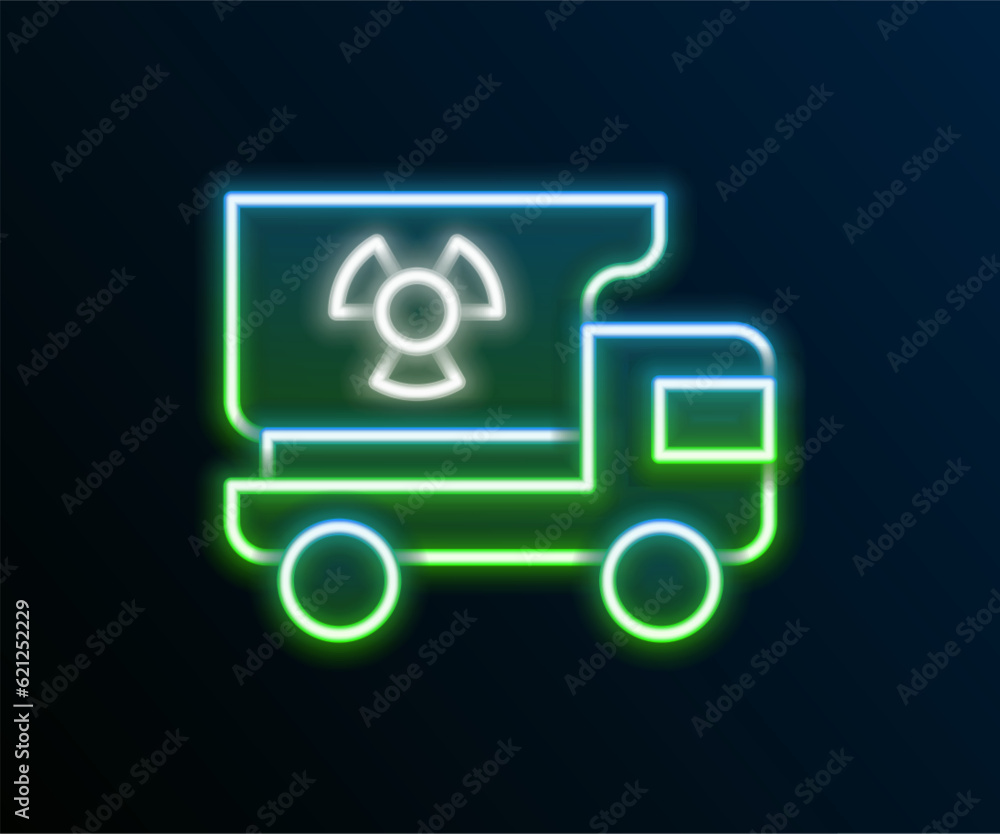 Sticker Glowing neon line Truck with radiation materials icon isolated on black background. Colorful outline concept. Vector