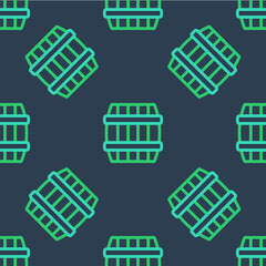 Line Wooden barrel icon isolated seamless pattern on blue background. Alcohol barrel, drink container, wooden keg for beer, whiskey, wine. Vector