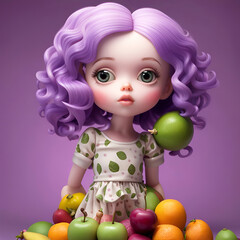 Fototapeta premium Cute doll illustration with big eyes and purple hair