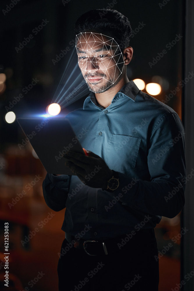 Poster asian man, tablet and facial recognition at night in biometrics for access, verification or identifi