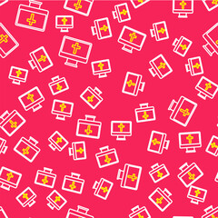 Line Christian cross on monitor icon isolated seamless pattern on red background. Church cross. Vector