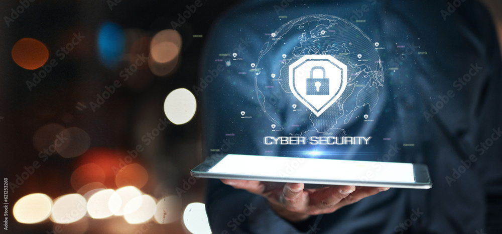 Aufkleber Cyber security, hand and tablet with hologram of safety lock icon for network, information or data. Person with technology for privacy, antivirus or hacking and global access control shield at night