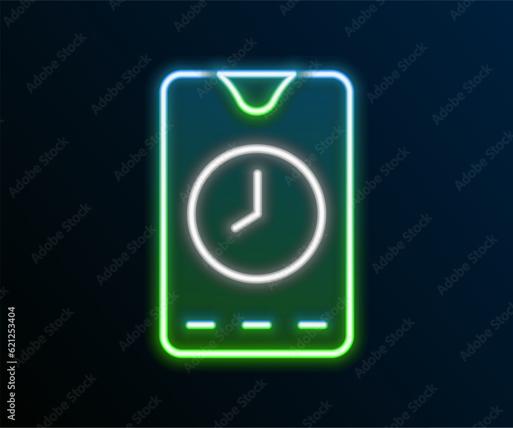 Poster glowing neon line alarm clock app smartphone interface icon isolated on black background. colorful o