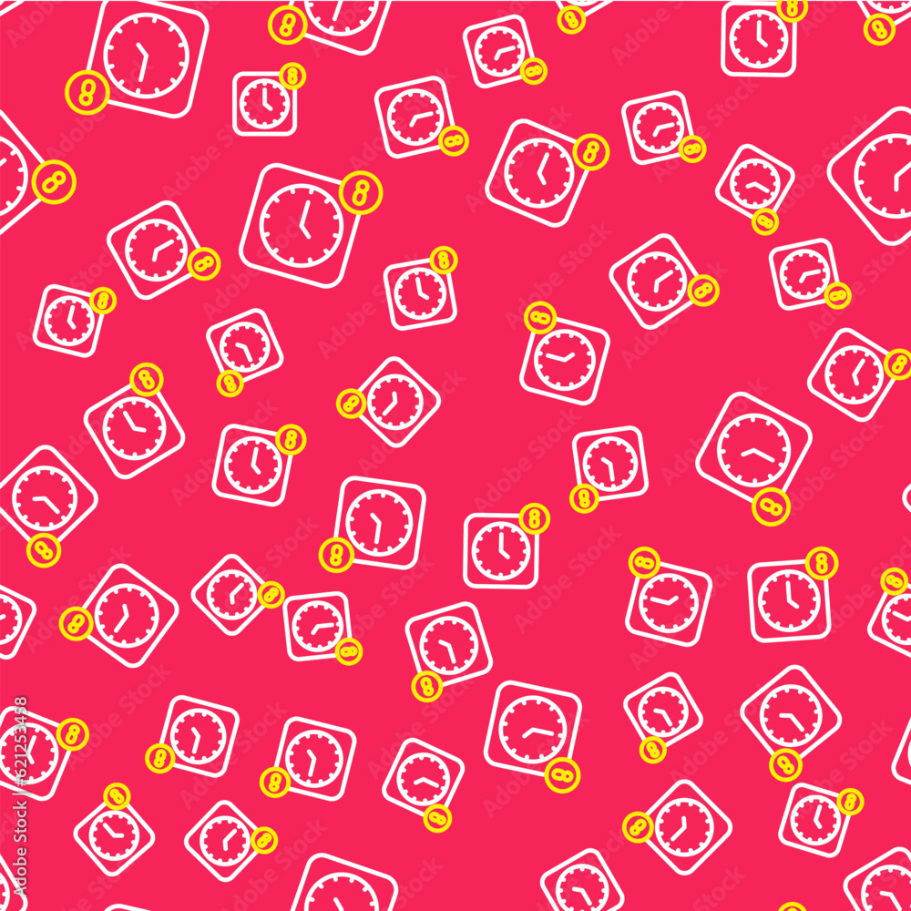 Poster line alarm clock app smartphone interface icon isolated seamless pattern on red background. vector