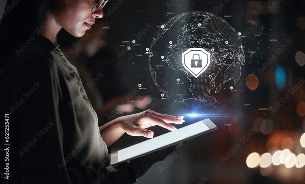 Aufkleber tablet, cyber security hologram and woman for global data safety, software development and worldwide