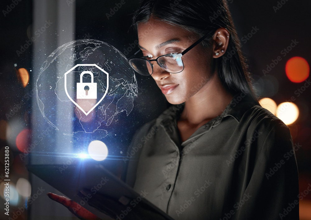 Poster tablet, global security and woman in hologram for data safety, software password and worldwide datab