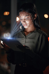 Woman, tablet and facial recognition at night in biometrics for access, verification or...