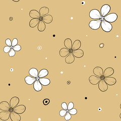 Floral seamless linear pattern. Hand drawn monochrome flowers.