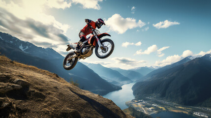 Motorbike making a high jump on trail in mountains, spectacular view