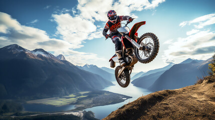 Cross Motor MotorBike jumping, biker in the sky