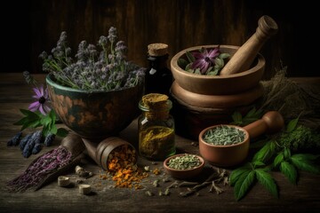 rustic still life with herbs and mortar on a wooden table. Generative AI - obrazy, fototapety, plakaty