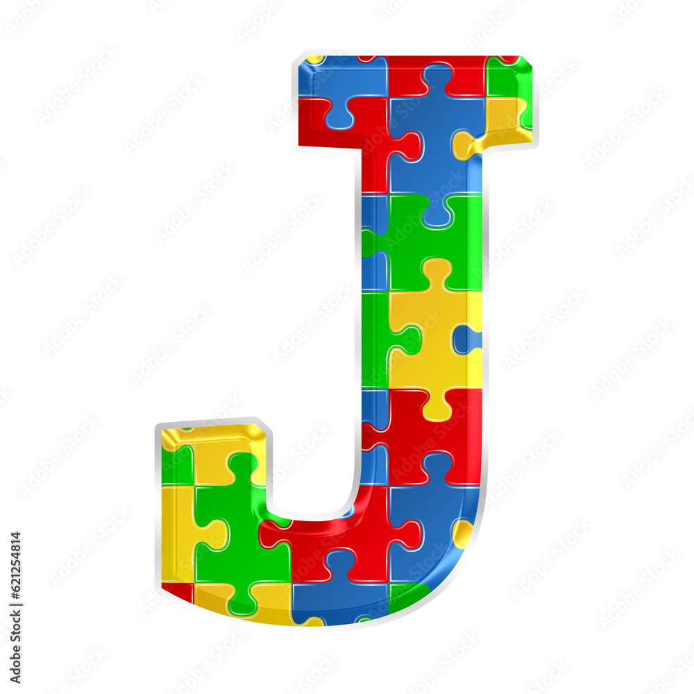 Fototapete colorful puzzle alphabet letter j, isolated on transparent background, uppercase. this is a part of 