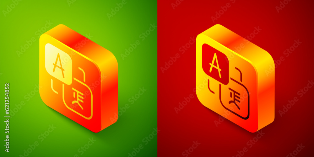 Poster isometric translator icon isolated on green and red background. foreign language conversation icons 