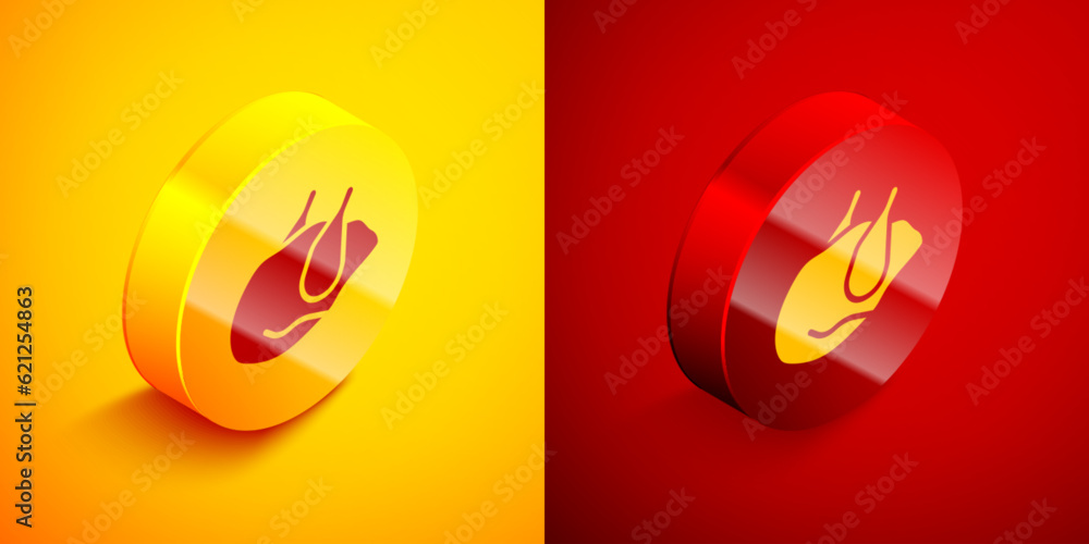 Canvas Prints Isometric Roasted turkey or chicken icon isolated on orange and red background. Circle button. Vector