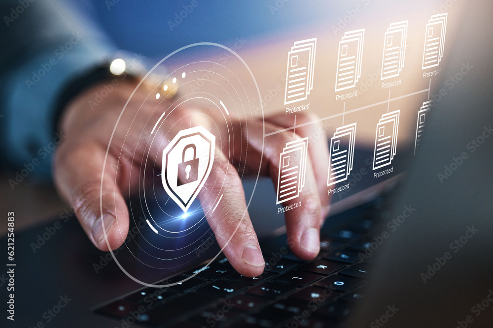 Aufkleber Cyber security, hand and document encryption on laptop with hologram and safety lock icon. Person with tech for privacy, hacking and access control shield programming for info, database or archive