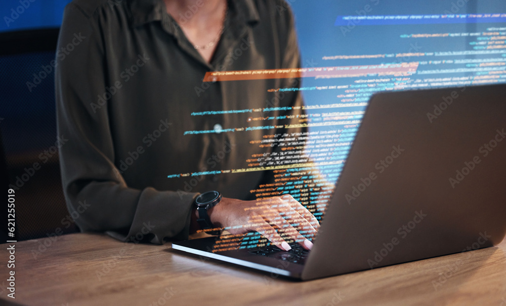 Aufkleber Laptop, coding hologram and business woman for software development, programming and cybersecurity in night office. Typing, research and programmer or IT person hands on computer in data html overlay