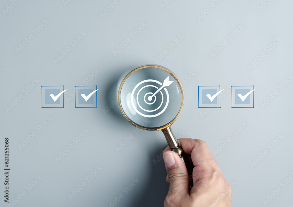 Poster checklist business target marketing quality management with quality assurance and improvement. stand
