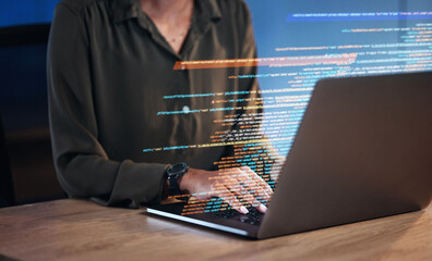 Laptop, coding hologram and business woman for software development, programming and cybersecurity...