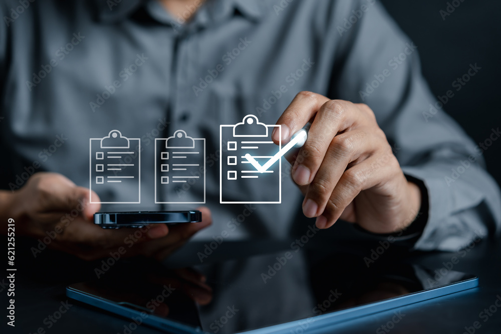 Poster Document checking quality and approve management with Quality Assurance Standardization, certification. Document Management System, online documentation database manage files...