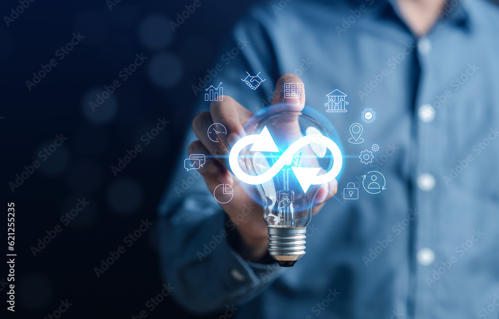 Aufkleber infinity symbol with technology global marketing online in business connection network economy strat