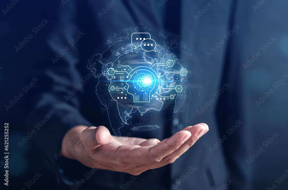Aufkleber Businessman using ai technology. chat bot with AI Artificial Intelligence generate. Futuristic technology, robot in online system. Business in future to invest and develop corporate concept.