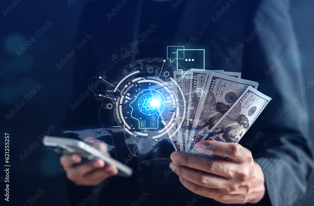 Aufkleber Businessman using ai technology for make money. chat bot with AI Artificial Intelligence generate. Futuristic technology, robot in online system. Business in future to invest and make money concept..