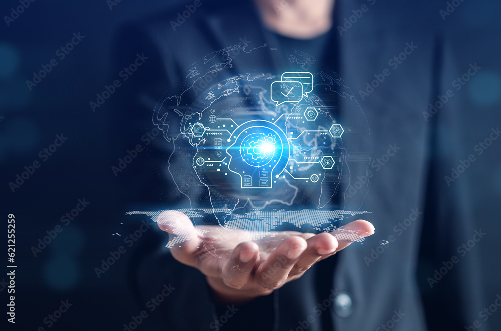 Aufkleber Businessman using ai technology. chat bot with AI Artificial Intelligence generate. Futuristic technology, robot in online system. Business in future to invest and develop corporate concept.