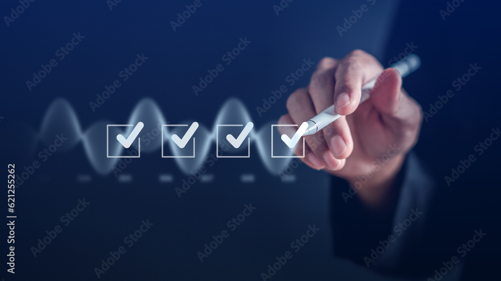 Aufkleber checklist business target marketing quality management with quality assurance and improvement. stand