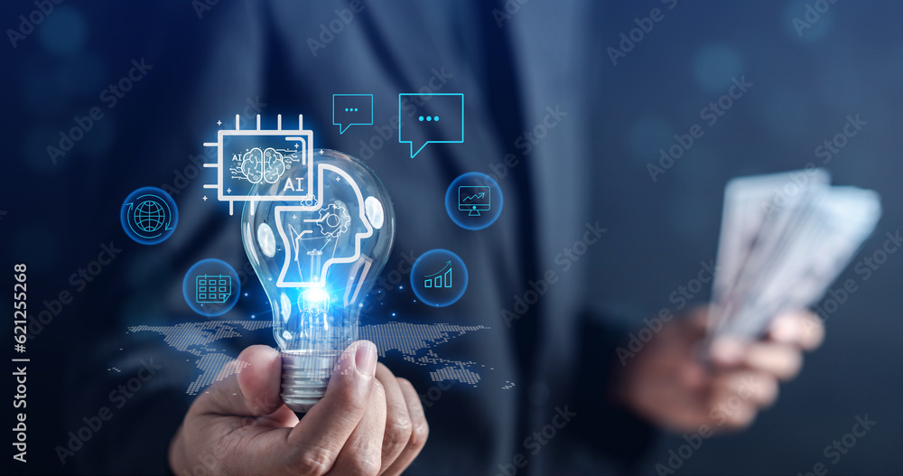 Aufkleber Businessman using ai technology for make money. chat bot with AI Artificial Intelligence generate. Futuristic technology, robot in online system. Business in future to invest and make money concept..