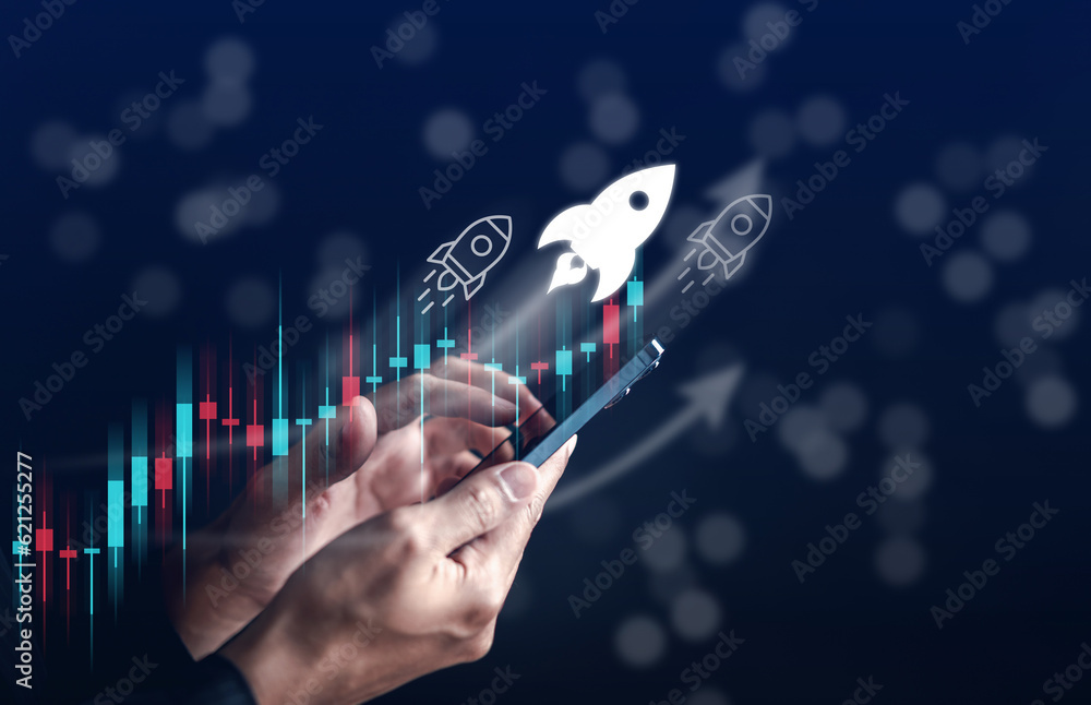 Aufkleber businessman hold smart phone with rocket launch investment growth, planning and staring corporate bu