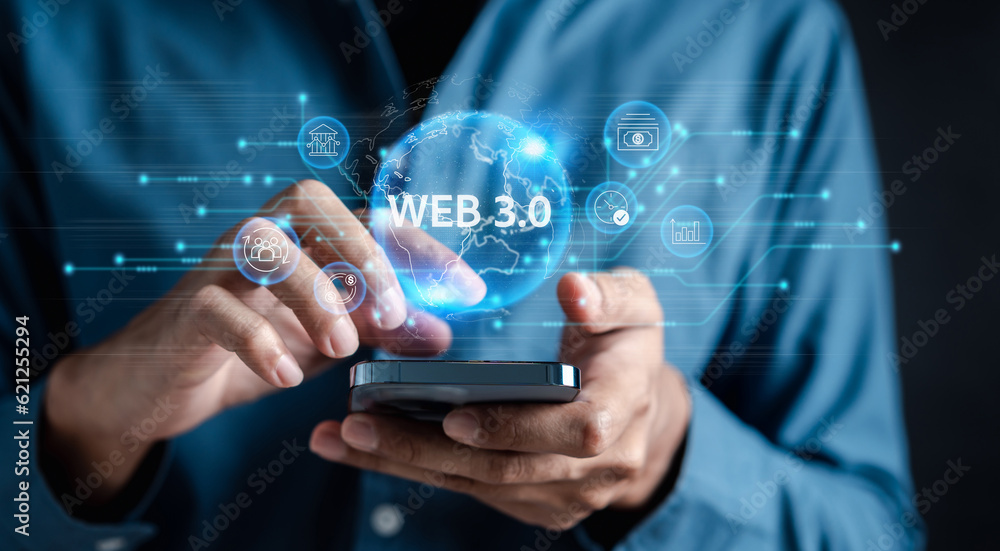 Aufkleber Businessman with Web 3.0 Technology in the digital tech future, businessman using smart phone with 3.0 Technology global network, Blockchain Global Futuristic, website internet development on data.