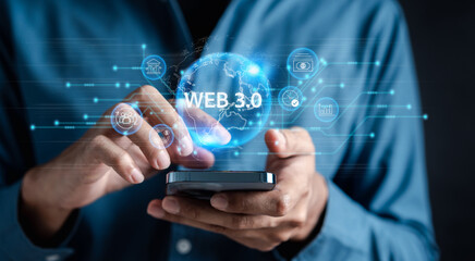 Businessman with Web 3.0 Technology in the digital tech future, businessman using smart phone with 3.0 Technology global network, Blockchain Global Futuristic, website internet development on data.