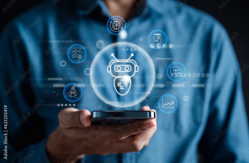 Aufkleber Businessman using ai technology. chat bot with AI Artificial Intelligence generate. Futuristic technology, robot in online system. Business in future to invest and develop corporate concept.