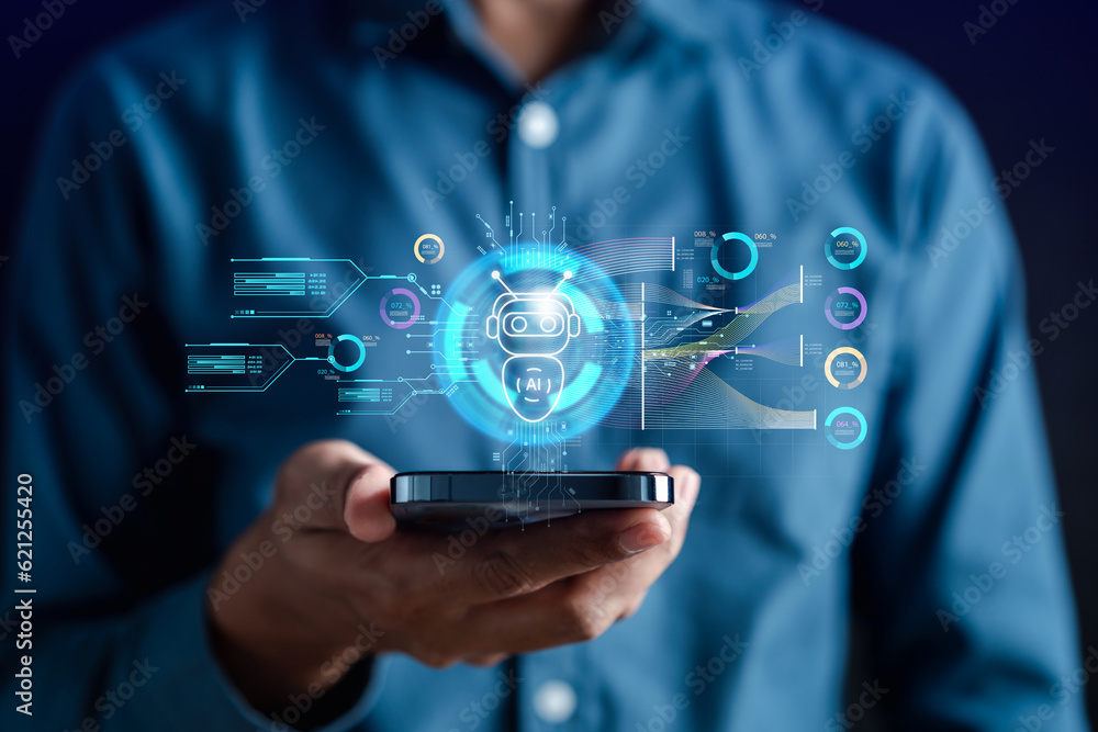 Aufkleber Businessman using ai technology. chat bot with AI Artificial Intelligence generate. Futuristic technology, robot in online system. Business in future to invest and develop corporate concept.