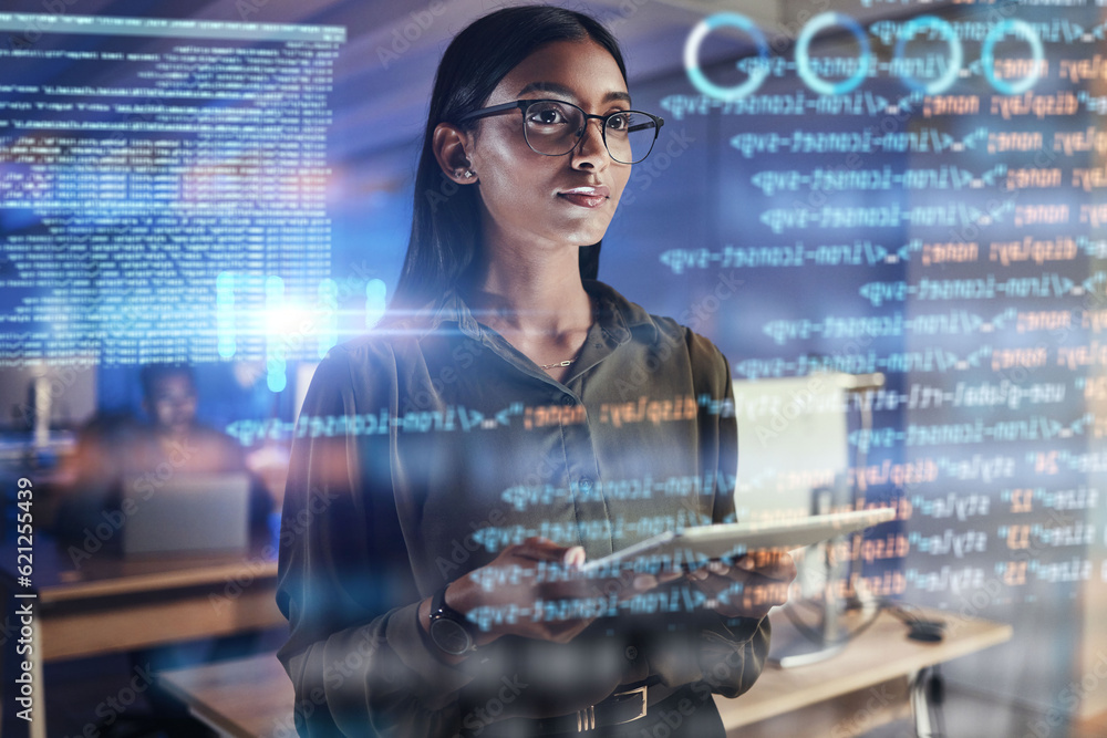 Aufkleber Tablet, code hologram and business woman in data analysis, digital technology or software overlay for gdpr. Programmer, person thinking and 3d screen, programming statistics or cybersecurity research