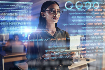 Tablet, code hologram and business woman in data analysis, digital technology or software overlay for gdpr. Programmer, person thinking and 3d screen, programming statistics or cybersecurity research - Powered by Adobe