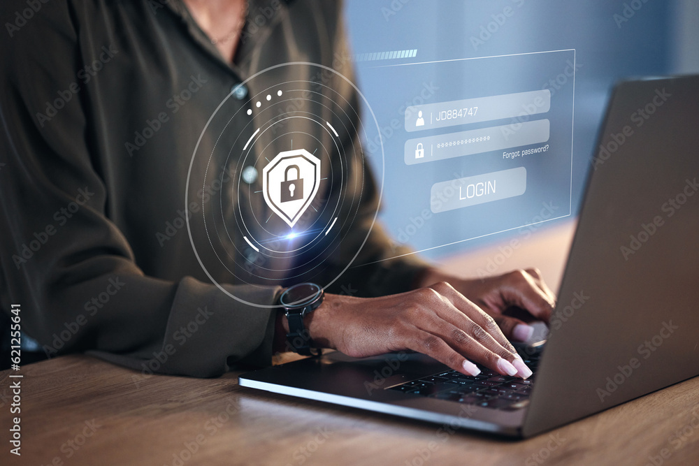 Aufkleber Hands, woman on laptop and hologram for login, cyber security software or code. IT, typing and programmer with keyboard, lock overlay and cryptography for data safety, protection and ui on computer.