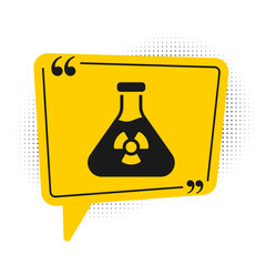 Black Laboratory chemical beaker with toxic liquid icon isolated on white background. Biohazard symbol. Dangerous symbol with radiation icon. Yellow speech bubble symbol. Vector