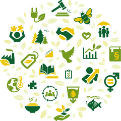 Sustainable development vector illustration. Green concept with icons related to global social responsibility, cooperation & equality in society, peace & justice, education, global living standard.