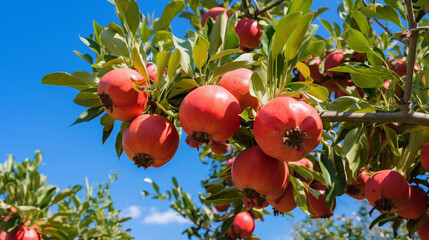 A captivating overhead shot of a pomegranate tree laden with ripe fruits, against a backdrop of blue sky Generative AI