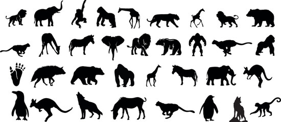 Animal Silhouette or Logo Collection isolated on white background. Lion, Elephant, Tiger, Giraffe, Cheetah, Bear, Gorilla, Zebra, Kangaroo, Penguin, Wolf. Fully customizable vector illustrations