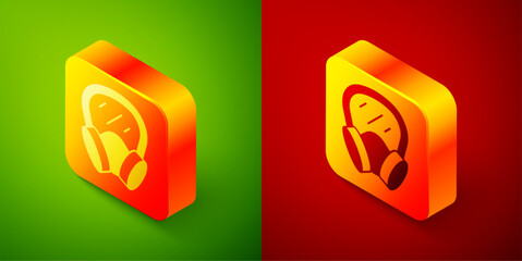 Isometric Gas mask icon isolated on green and red background. Respirator sign. Square button. Vector