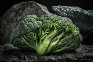 Obraz premium fresh head of broccoli perched on a rocky surface. Generative AI