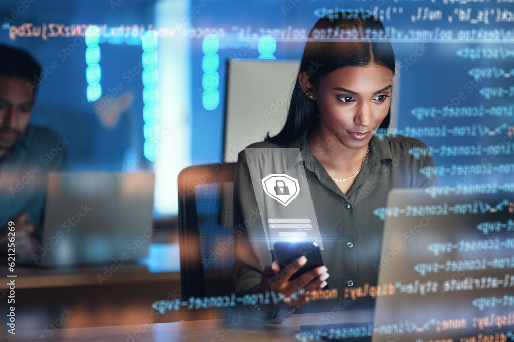 Poster Laptop, phone and hologram of woman for data protection, safety software development or cybersecurity programming. Night, mobile research and programmer or person on computer, lock and gdpr overlay