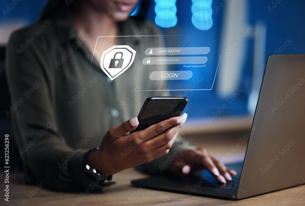 Poster woman, phone and security for username, password or encryption on office desk at workplace. hands of