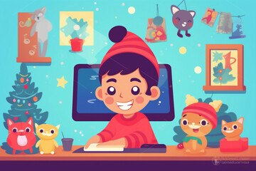 happy christmas laptop cyberspace chat video home child computer baby. Generative AI.