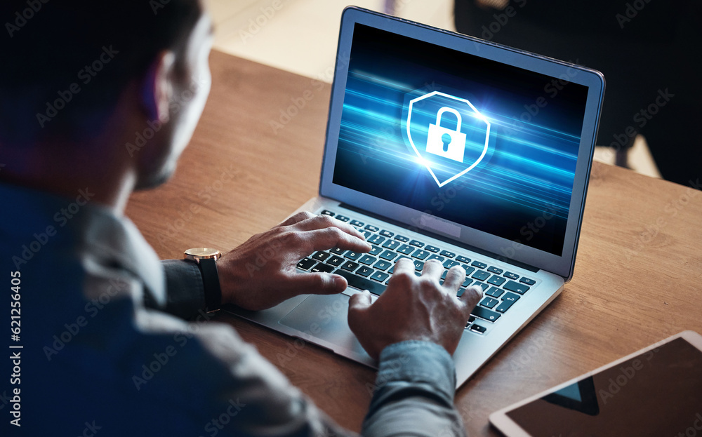 Aufkleber Laptop screen, data protection and man hands for cyber security, software password and coding or system safety. Cybersecurity, lock icon and business person or programmer on computer, login and gdpr